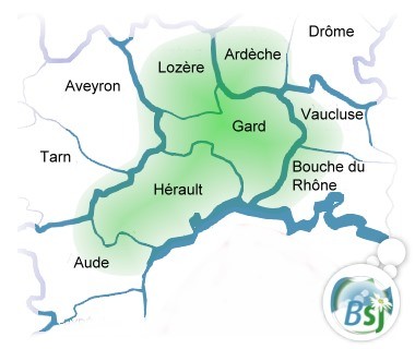 Carte des départements du sud de la France, centrée sur le gard